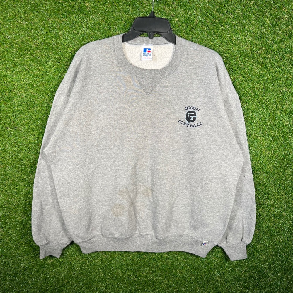 Vintage Russell Athletic Sweatshirt XL Gray Bison Softball Made in USA 90s